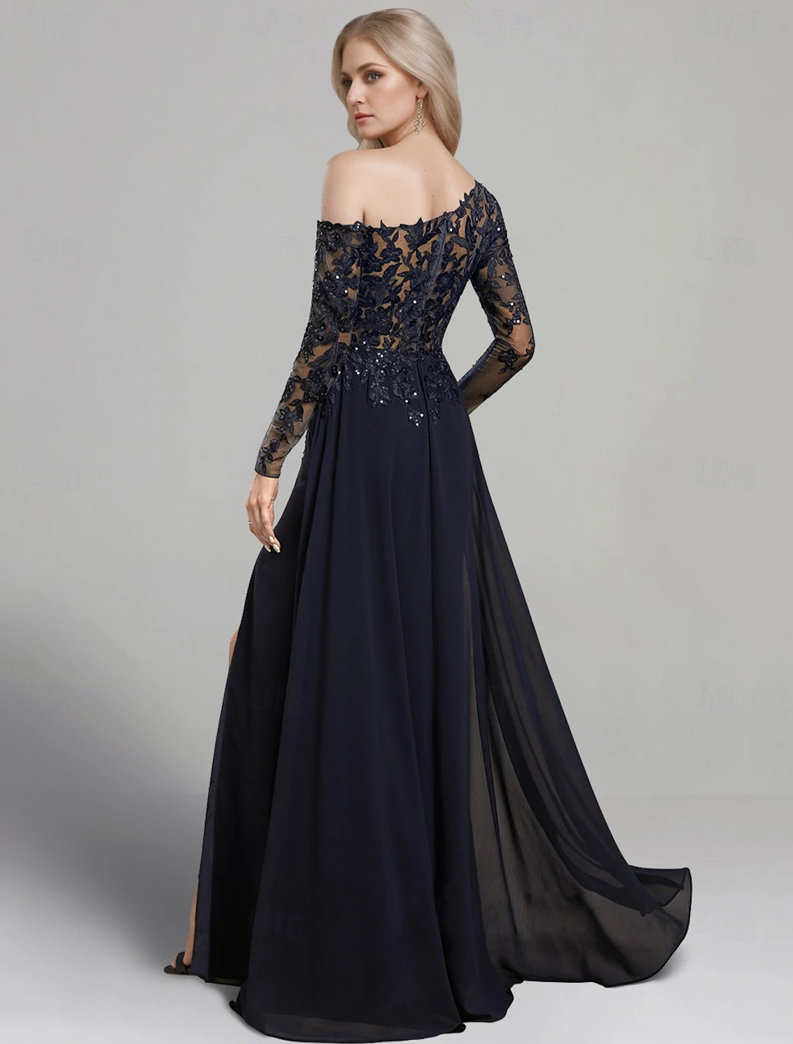Buyishang Sheath / Column Dress Mother of the Bride Dress Formal Elegant One Shoulder Floor Length Chiffon Long Sleeve with Lace Solid Color Christmas Dress